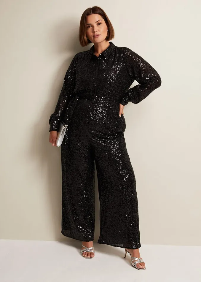 Women Phase Eight Day Dresses Alessandra Black Sequin Shirt Jumpsuit Black