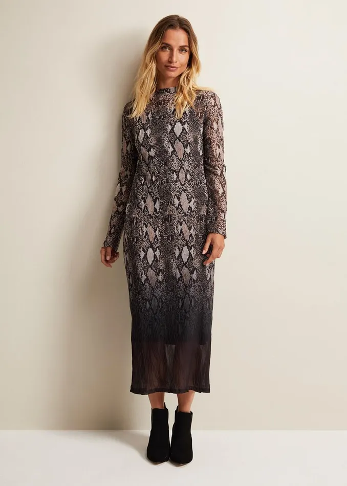 Women Phase Eight Day Dresses Alix Ombre Snake Midi Mesh Dress Brown