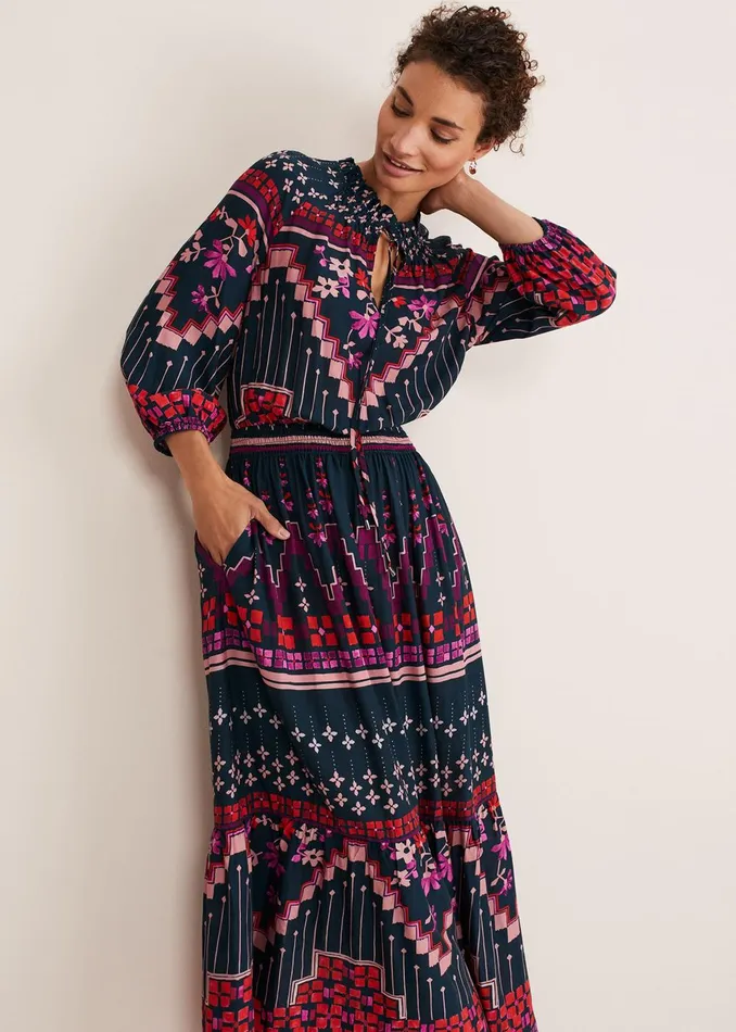 Women Phase Eight Day Dresses Asa Tile Print Midaxi Dress Navypink