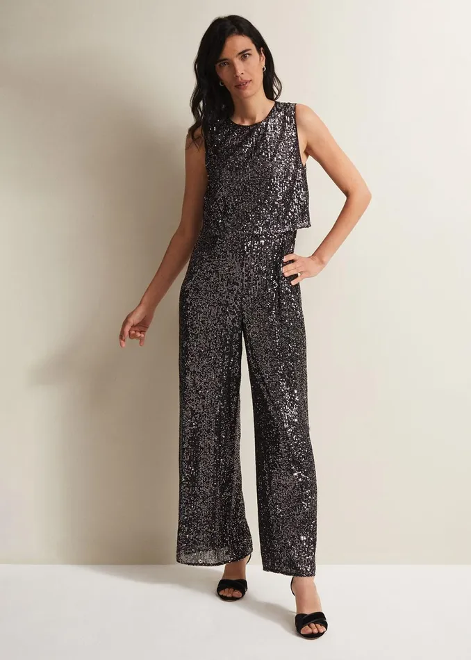 Women Phase Eight Day Dresses Aubrey Sequin Wide Leg Jumpsuit Gunmetal