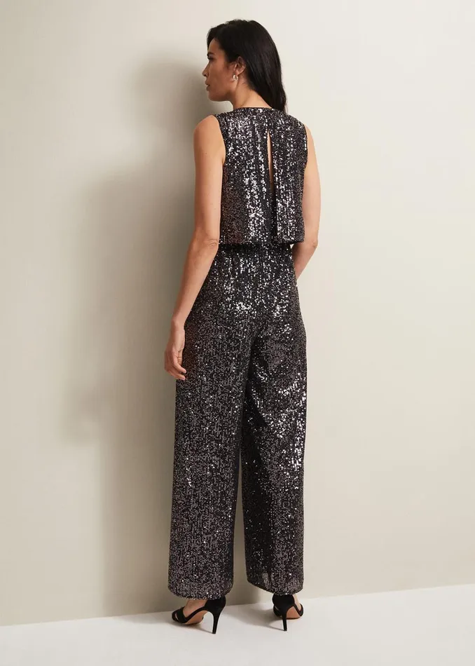 Women Phase Eight Day Dresses Aubrey Sequin Wide Leg Jumpsuit Gunmetal