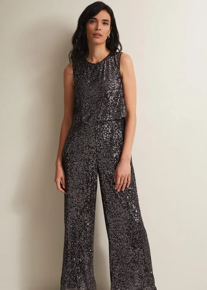 Women Phase Eight Day Dresses Aubrey Sequin Wide Leg Jumpsuit Gunmetal