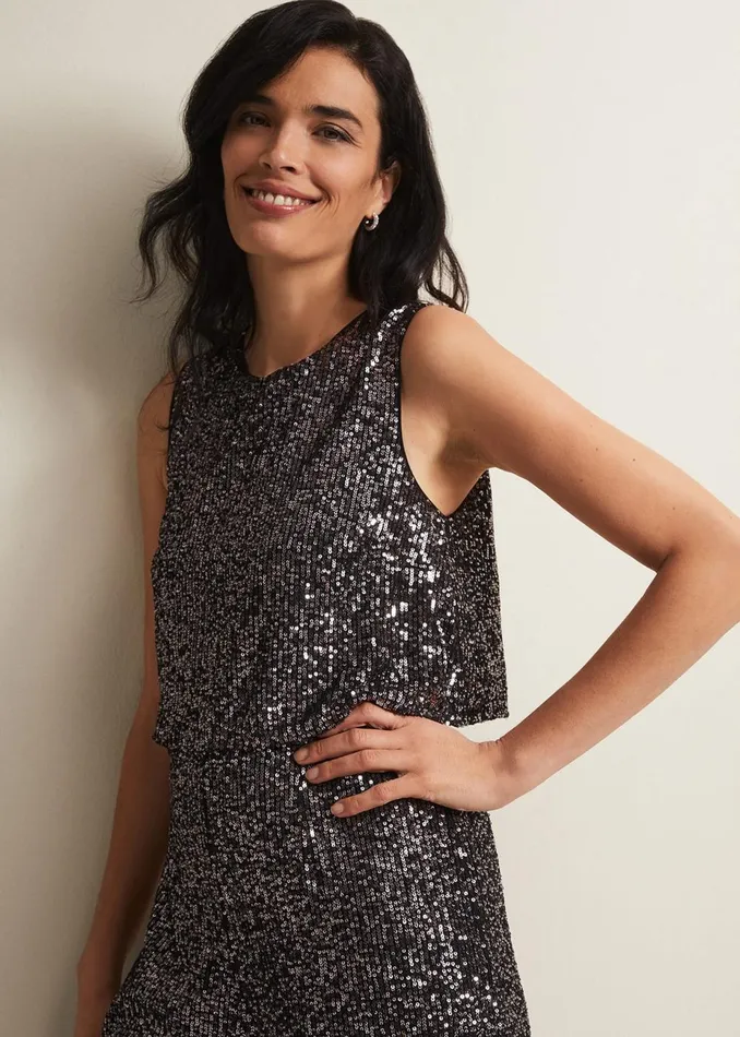 Women Phase Eight Day Dresses Aubrey Sequin Wide Leg Jumpsuit Gunmetal