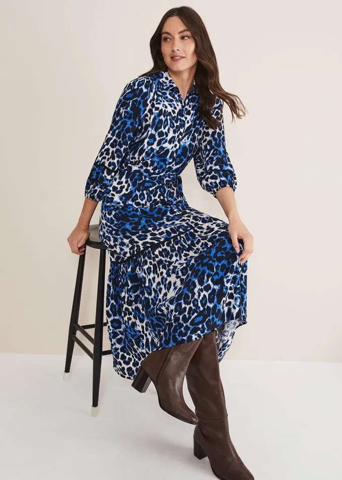 Women Phase Eight Day Dresses Ava Leopard Midaxi Dress Blueivory