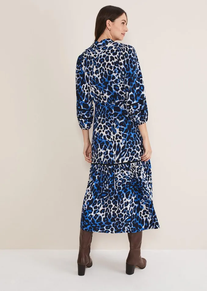 Women Phase Eight Day Dresses Ava Leopard Midaxi Dress Blueivory