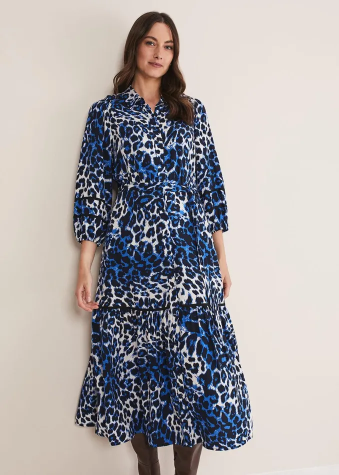 Women Phase Eight Day Dresses Ava Leopard Midaxi Dress Blueivory