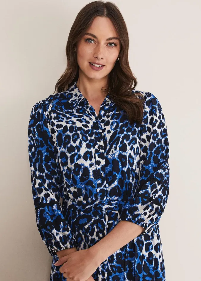Women Phase Eight Day Dresses Ava Leopard Midaxi Dress Blueivory