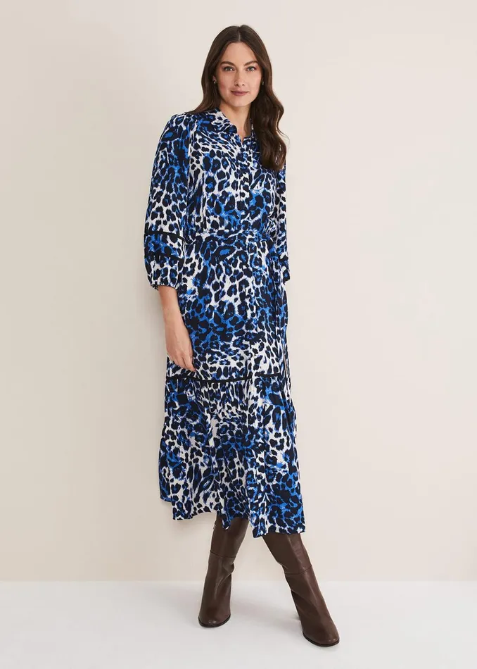 Women Phase Eight Day Dresses Ava Leopard Midaxi Dress Blueivory