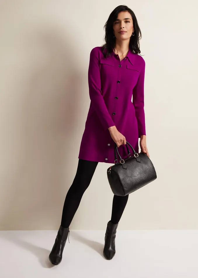 Women Phase Eight Day Dresses Azealia Fine Knit Collared Tunic Dress Purple