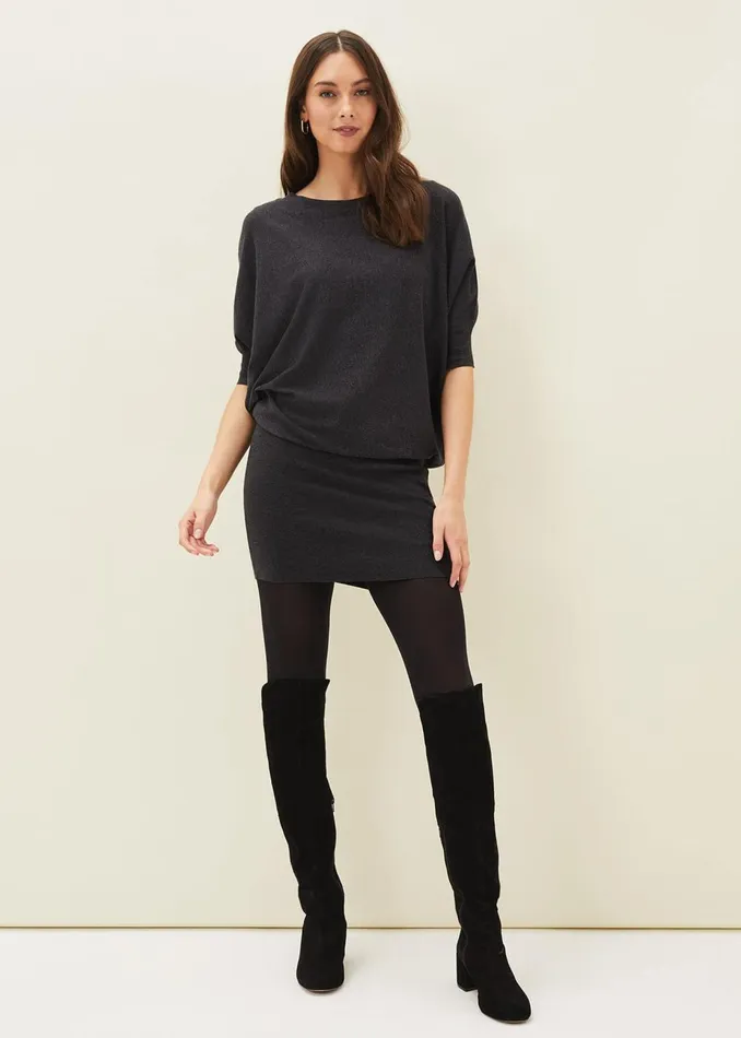 Women Phase Eight Day Dresses Becca Batwing Knitted Dress Charcoal