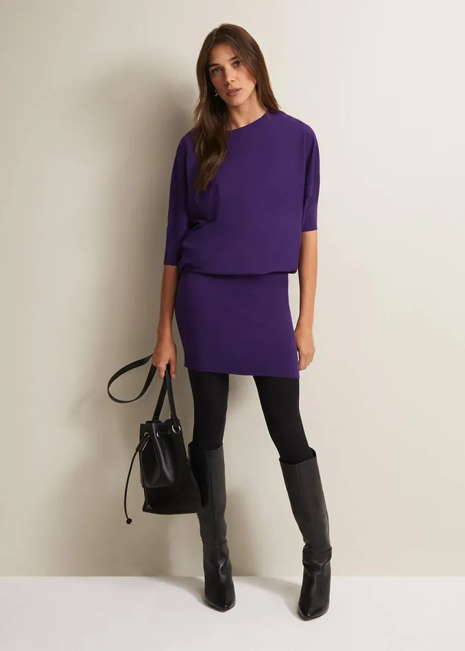 Women Phase Eight Day Dresses Becca Purple Batwing Mini Dress Purple