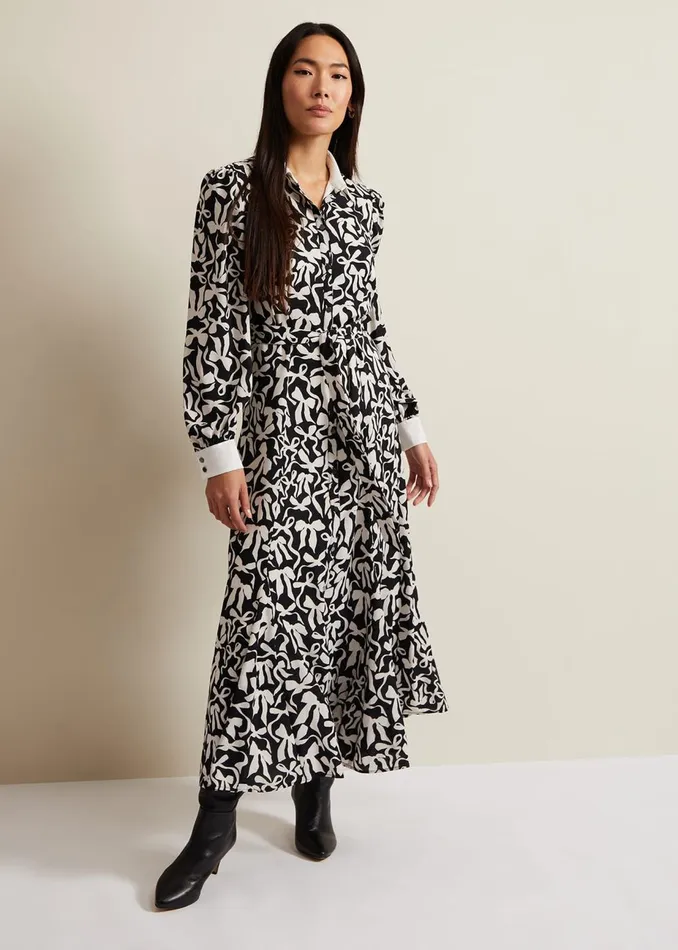 Women Phase Eight Day Dresses Bonnie Black Bow Shirt Midi Dress Blackivory