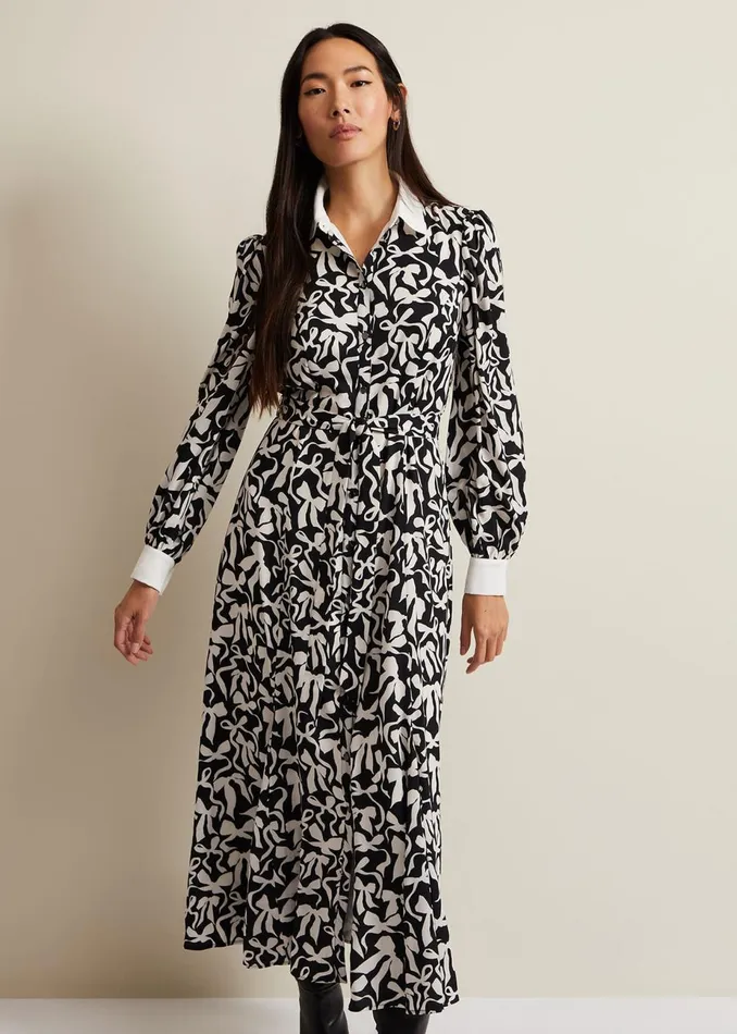 Women Phase Eight Day Dresses Bonnie Black Bow Shirt Midi Dress Blackivory