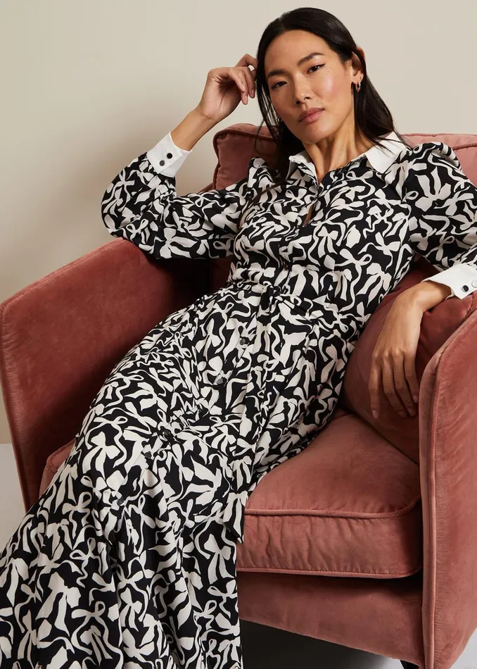 Women Phase Eight Day Dresses Bonnie Black Bow Shirt Midi Dress Blackivory