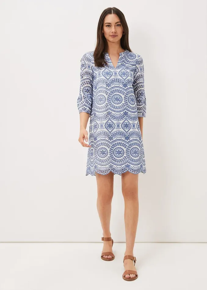 Women Phase Eight Day Dresses Brianne Broderie Shift Dress Bluewhite