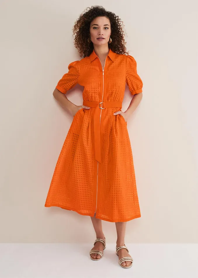 Women Phase Eight Day Dresses Carey Orange Checked Textured Midi Dress Orange
