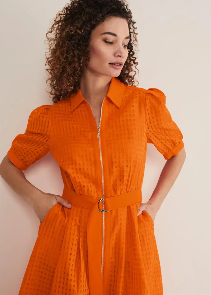 Women Phase Eight Day Dresses Carey Orange Checked Textured Midi Dress Orange