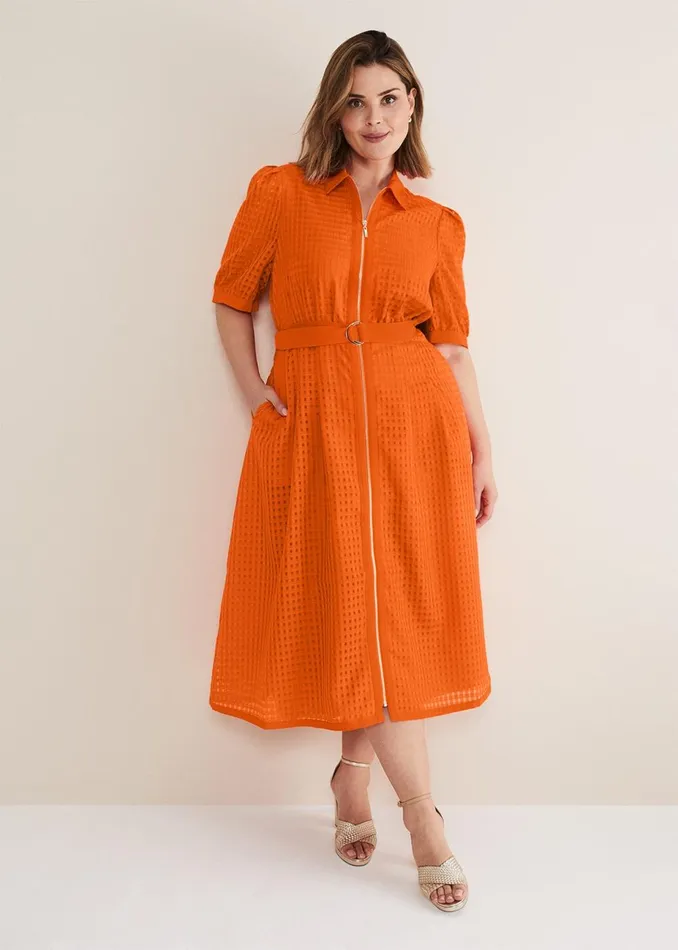 Women Phase Eight Day Dresses Carey Orange Checked Textured Midi Dress Orange