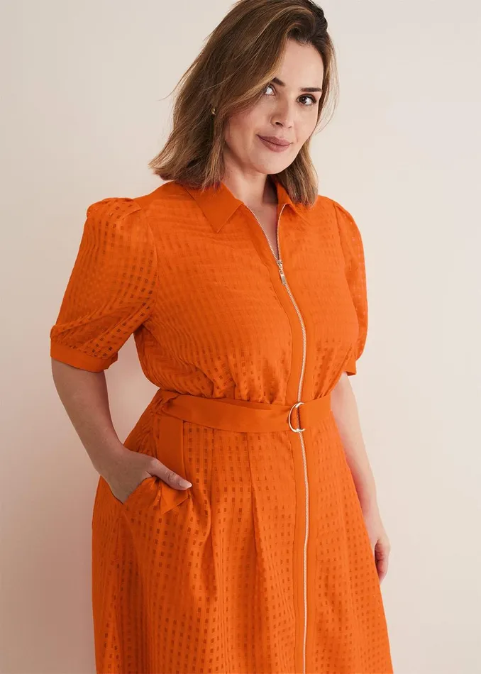 Women Phase Eight Day Dresses Carey Orange Checked Textured Midi Dress Orange