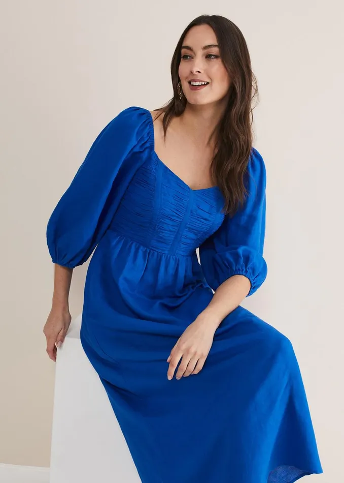 Women Phase Eight Day Dresses Celila Linen Midi Dress Blue