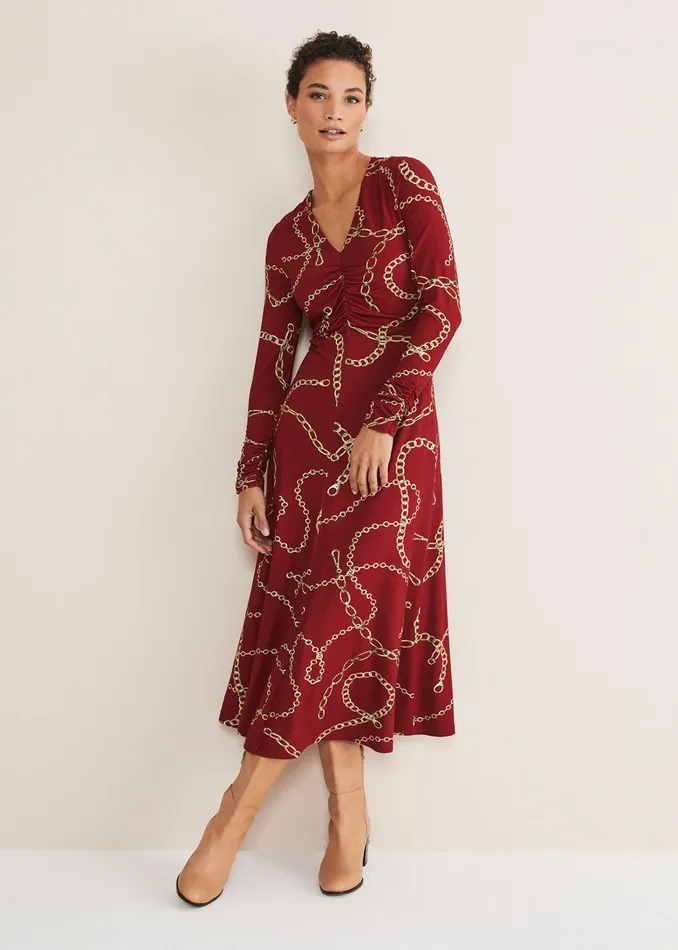 Women Phase Eight Day Dresses Cheska Chain Print Ruched Midi Dress Dark Red