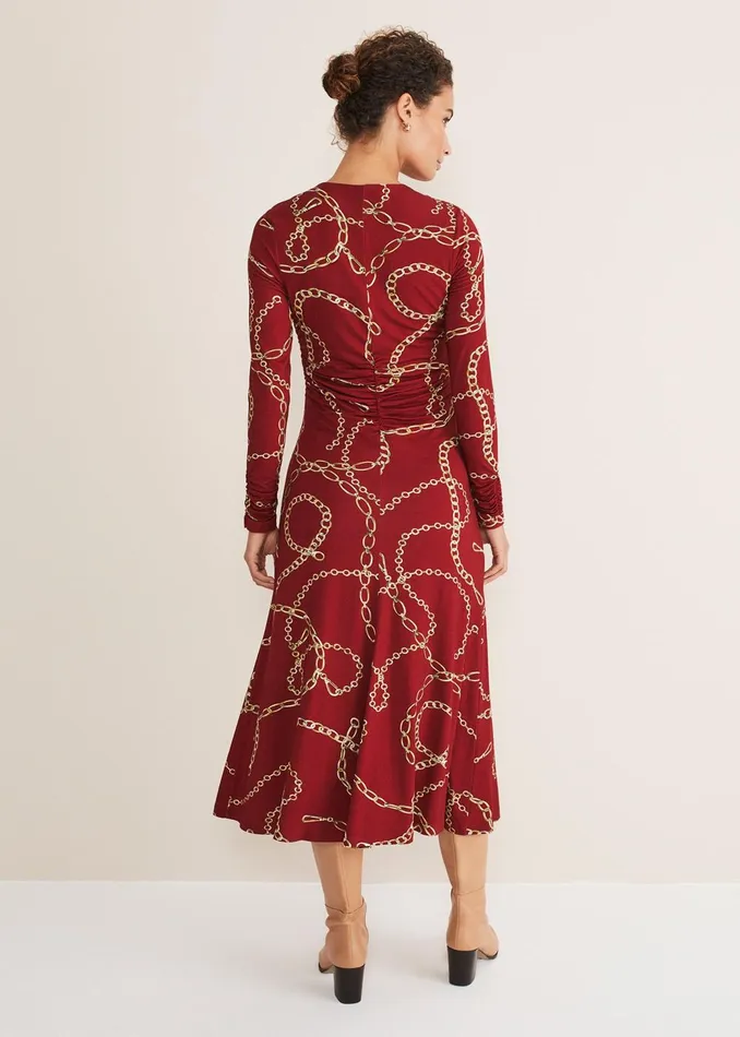 Women Phase Eight Day Dresses Cheska Chain Print Ruched Midi Dress Dark Red
