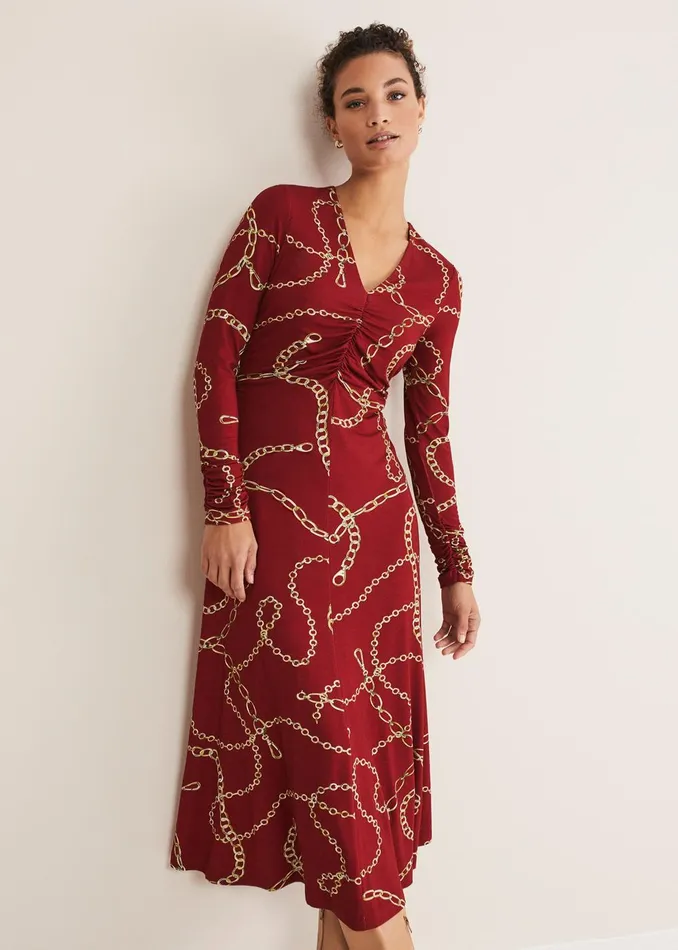Women Phase Eight Day Dresses Cheska Chain Print Ruched Midi Dress Dark Red