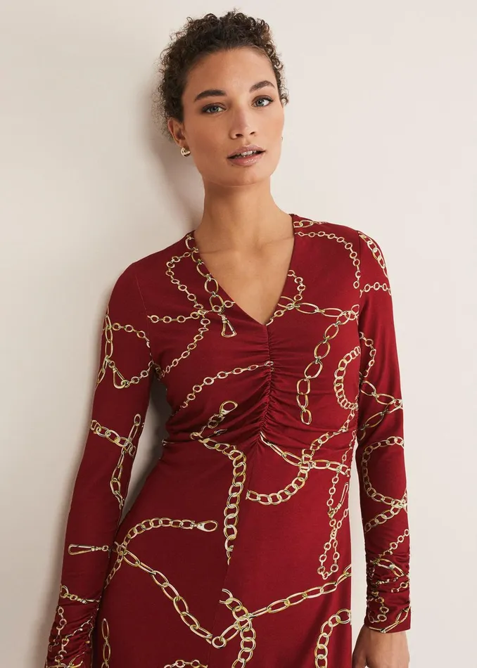 Women Phase Eight Day Dresses Cheska Chain Print Ruched Midi Dress Dark Red