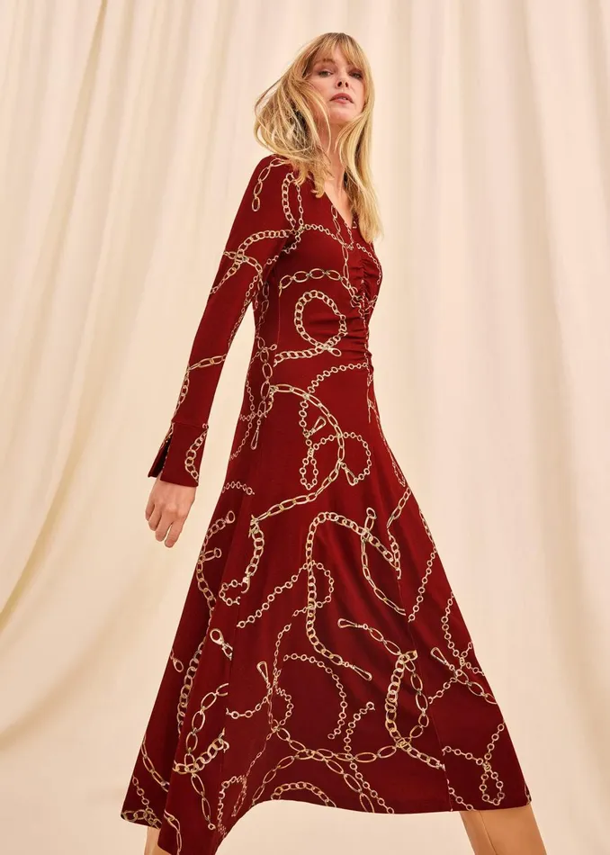 Women Phase Eight Day Dresses Cheska Chain Print Ruched Midi Dress Dark Red