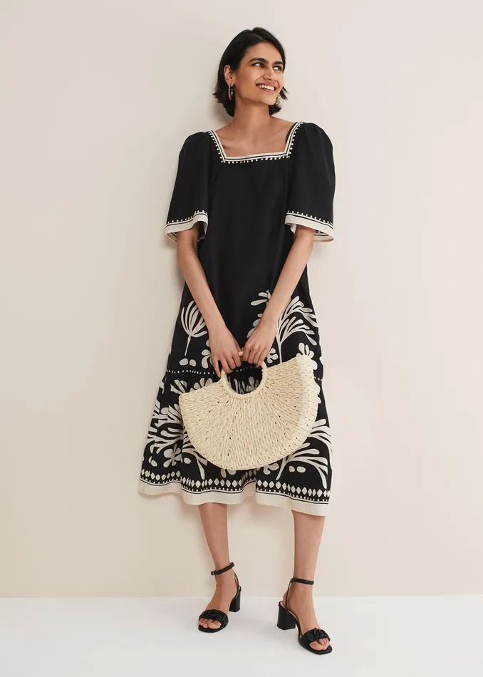 Women Phase Eight Day Dresses Claria Linen Midi Dress Blackivory