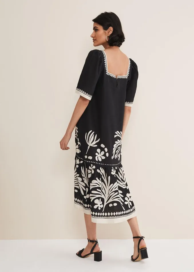 Women Phase Eight Day Dresses Claria Linen Midi Dress Blackivory