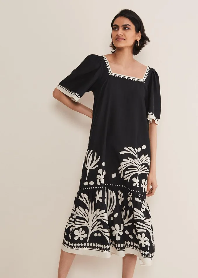 Women Phase Eight Day Dresses Claria Linen Midi Dress Blackivory
