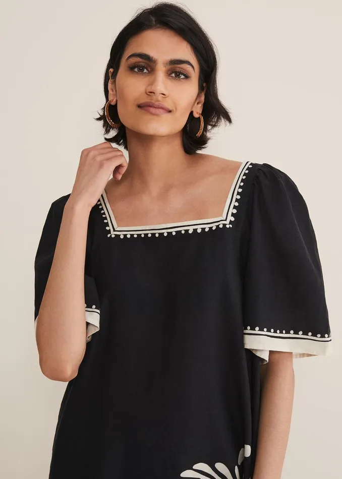 Women Phase Eight Day Dresses Claria Linen Midi Dress Blackivory