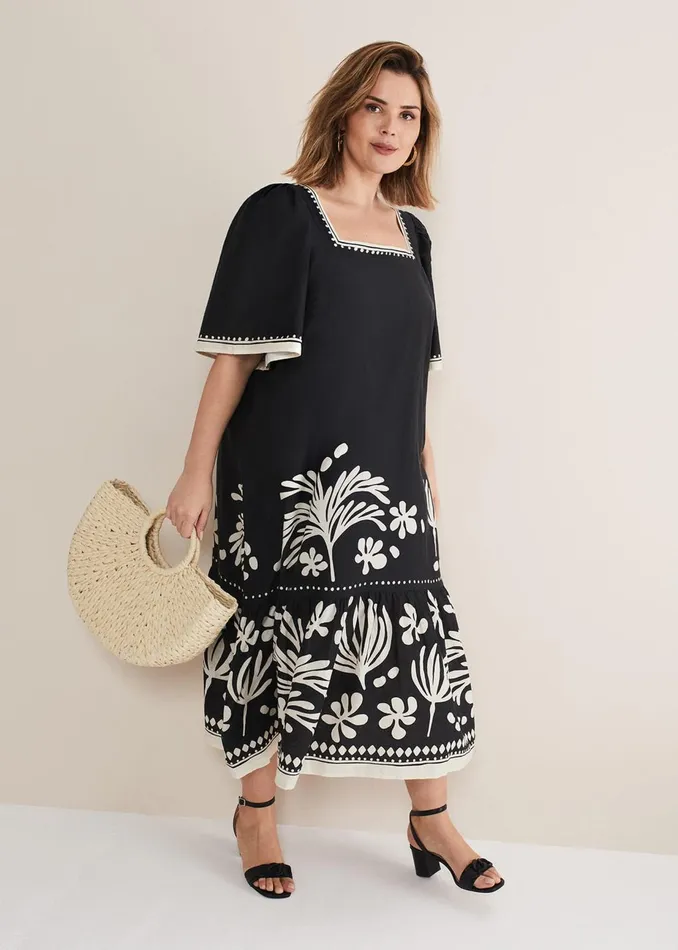 Women Phase Eight Day Dresses Claria Linen Midi Dress Blackivory