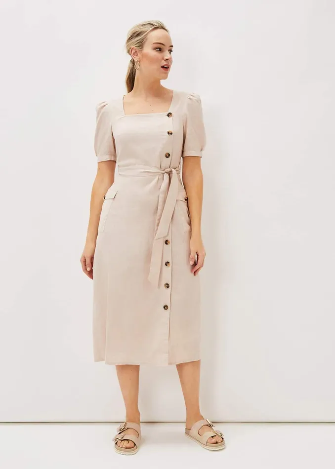Women Phase Eight Day Dresses Elletta Square Neck Linen Dress Stone