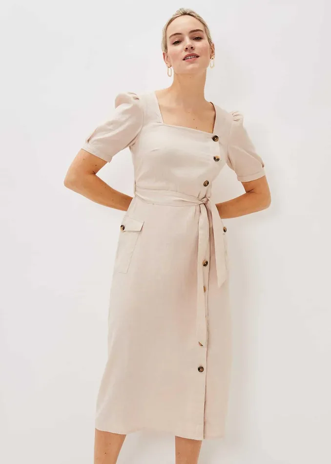 Women Phase Eight Day Dresses Elletta Square Neck Linen Dress Stone