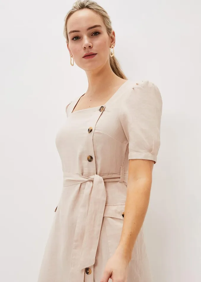 Women Phase Eight Day Dresses Elletta Square Neck Linen Dress Stone