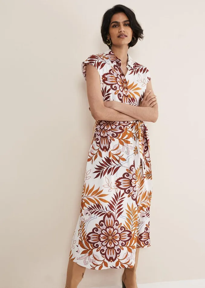 Women Phase Eight Day Dresses Estelle Paisley Tie Waist Dress Ivory Multi