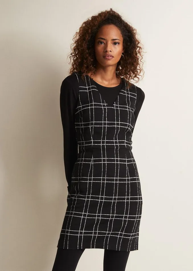 Women Phase Eight Day Dresses Gemma Checked Pinafore Mini Dress Blackivory