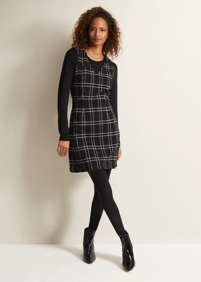 Women Phase Eight Day Dresses Gemma Checked Pinafore Mini Dress Blackivory