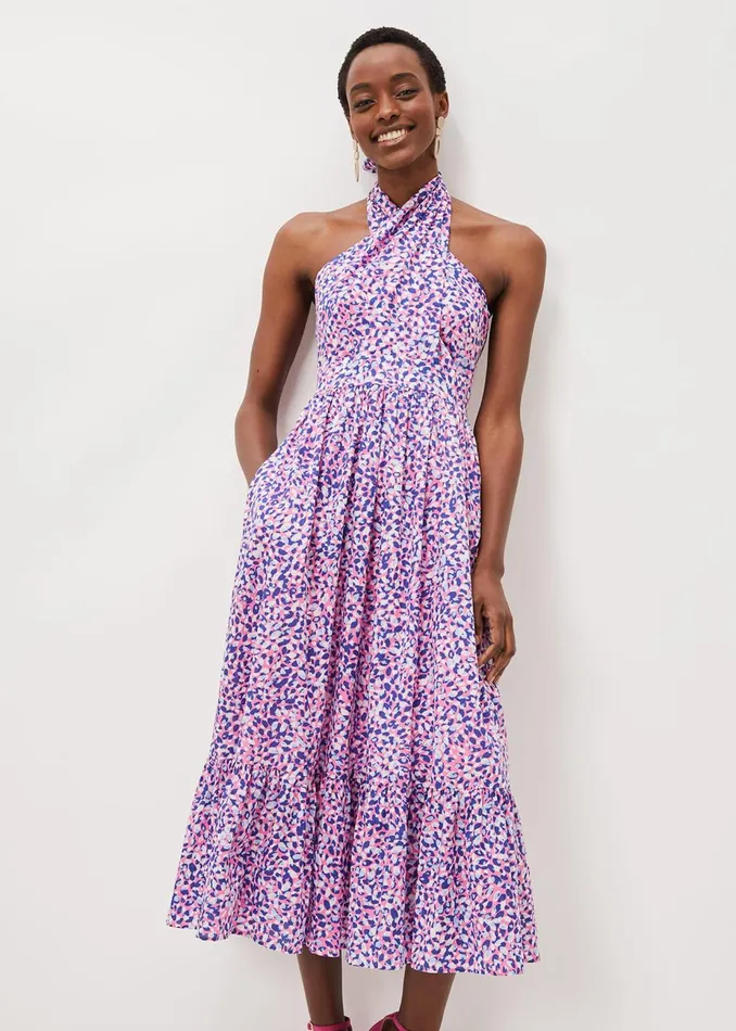Women Phase Eight Day Dresses Gemmi Cotton Almond Print Halterneck Dress Pink Multi