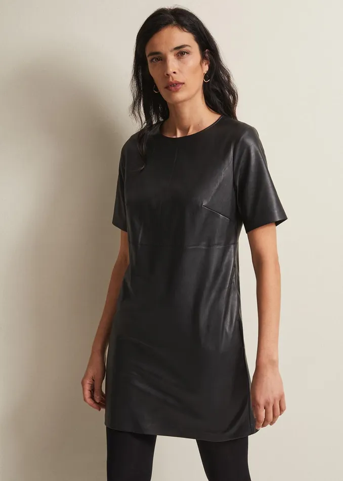 Women Phase Eight Day Dresses Hilde Faux Leather Shift Mini Dress Black