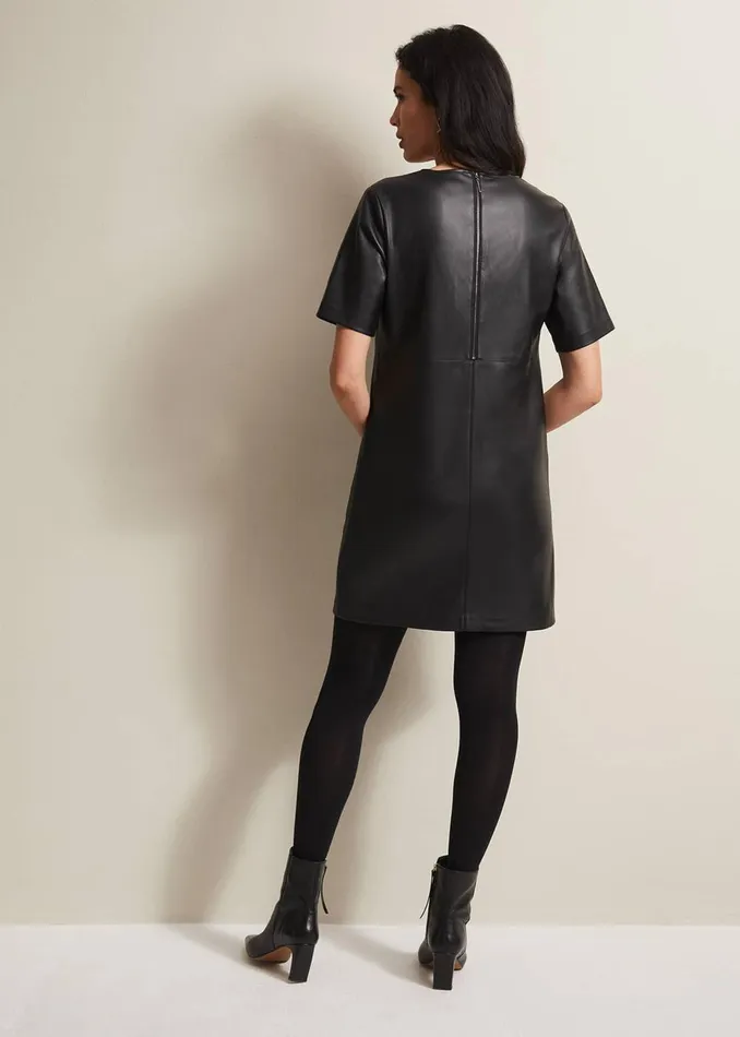 Women Phase Eight Day Dresses Hilde Faux Leather Shift Mini Dress Black