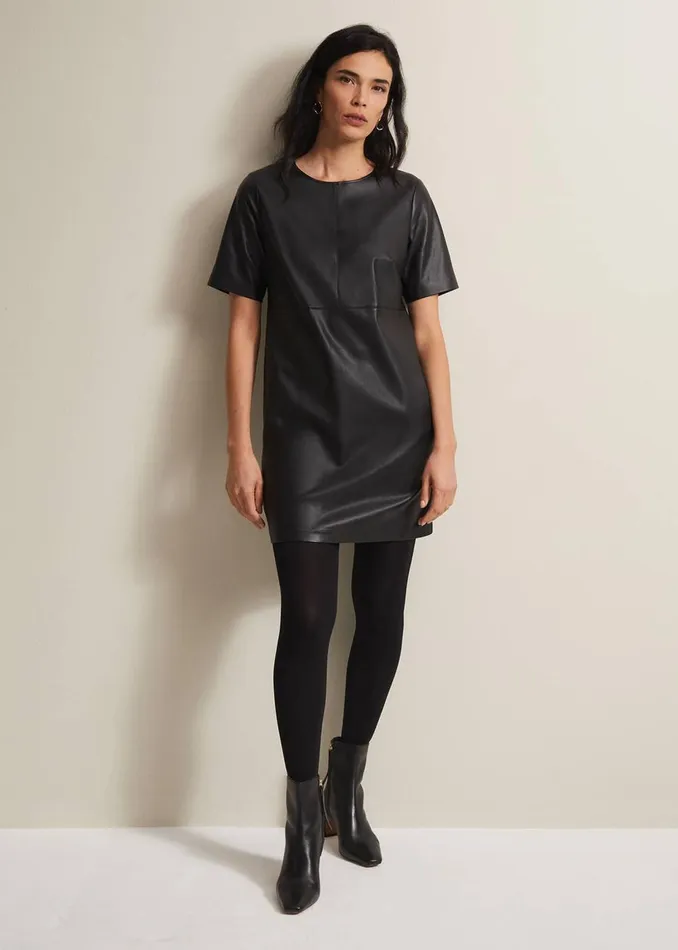 Women Phase Eight Day Dresses Hilde Faux Leather Shift Mini Dress Black