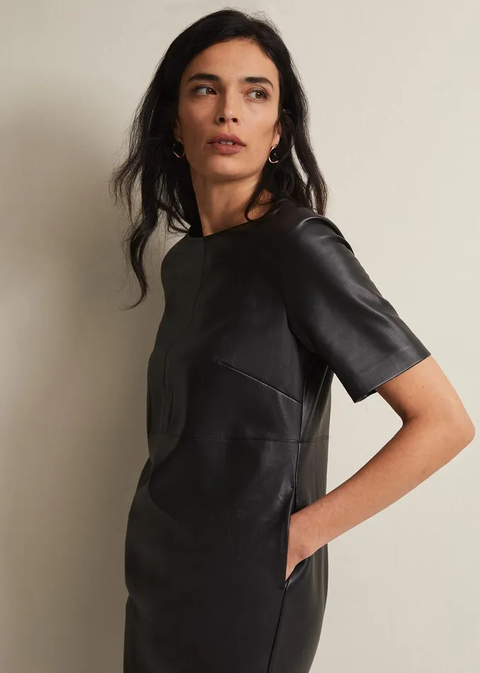 Women Phase Eight Day Dresses Hilde Faux Leather Shift Mini Dress Black