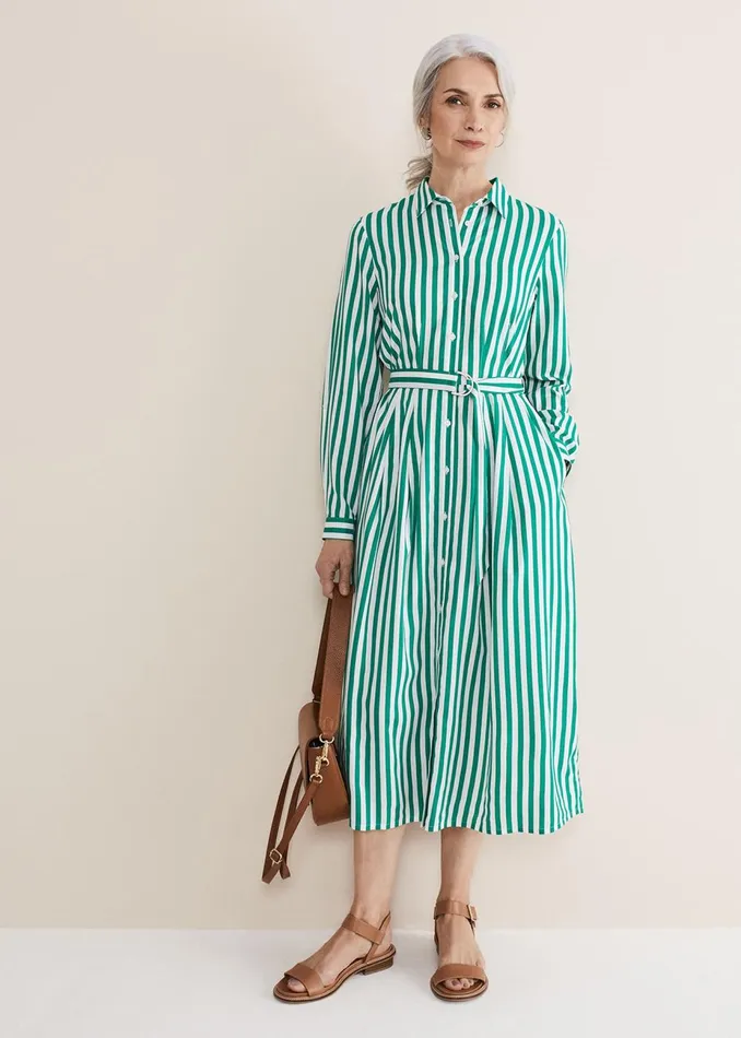 Women Phase Eight Day Dresses Ida Stripe Shirt Midi Dress Green