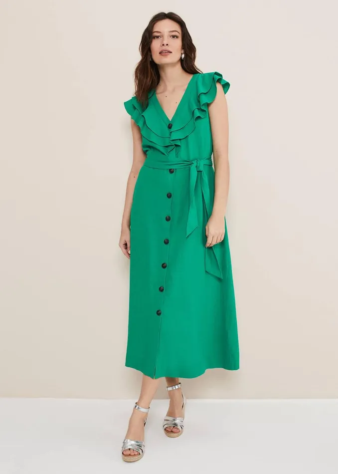 Women Phase Eight Day Dresses Jamilla Green Linen Midi Dress Green
