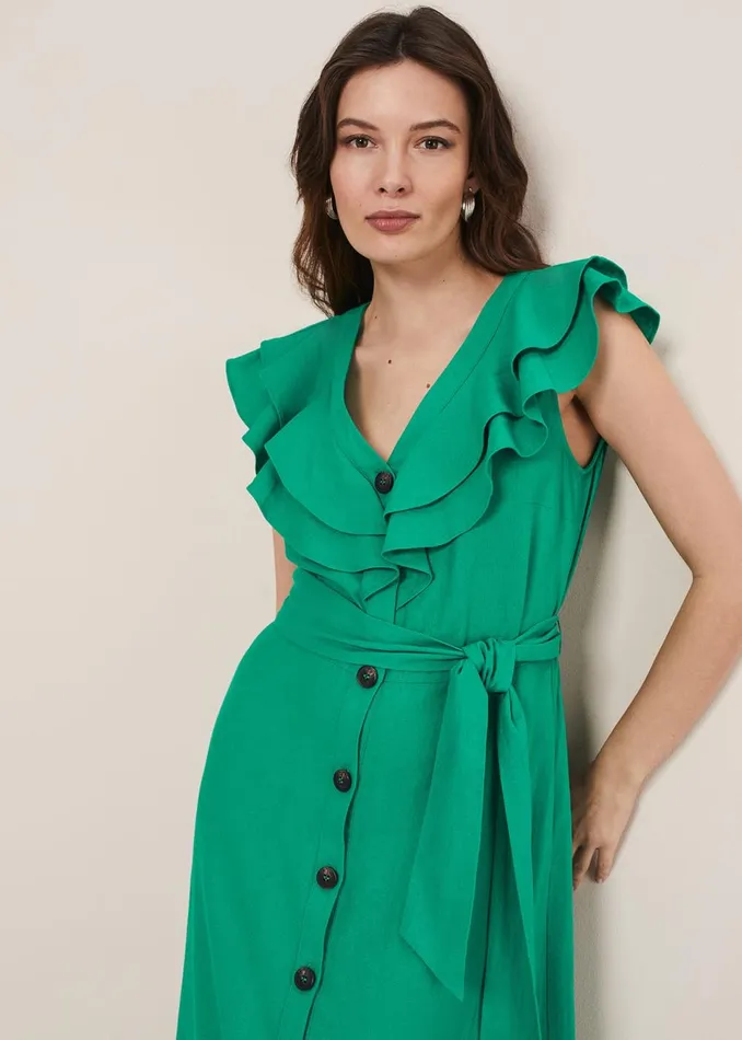Women Phase Eight Day Dresses Jamilla Green Linen Midi Dress Green