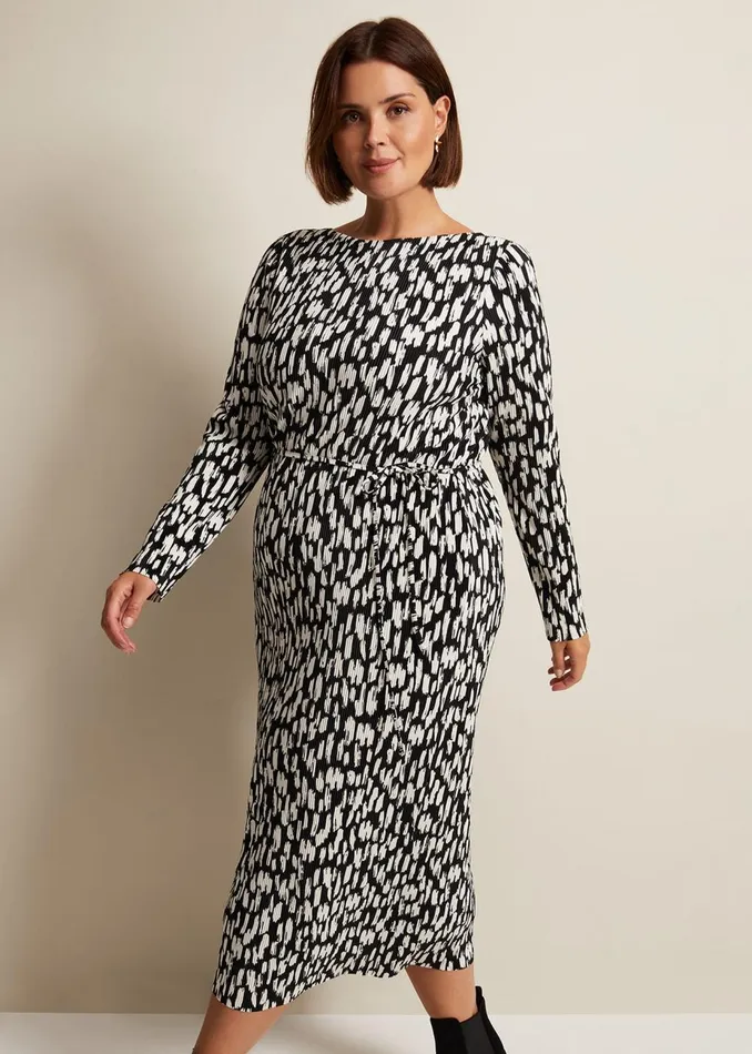 Women Phase Eight Day Dresses Jane Spotted Plisse Midi Dress Blackivory