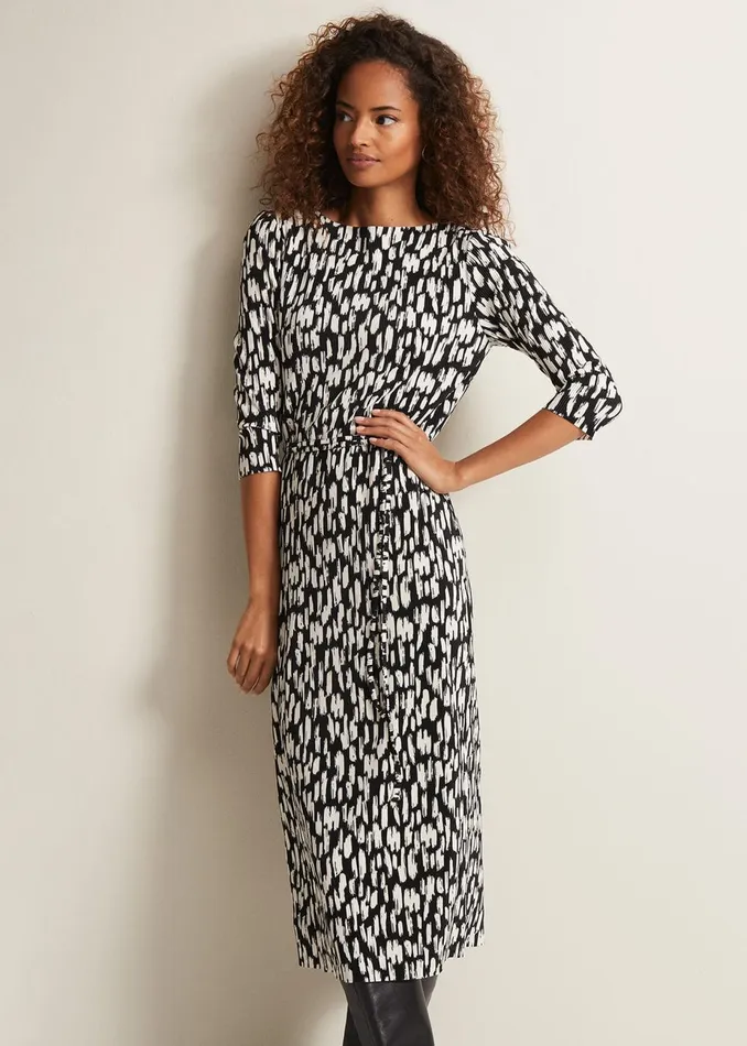 Women Phase Eight Day Dresses Jane Spotted Plisse Midi Dress Blackivory